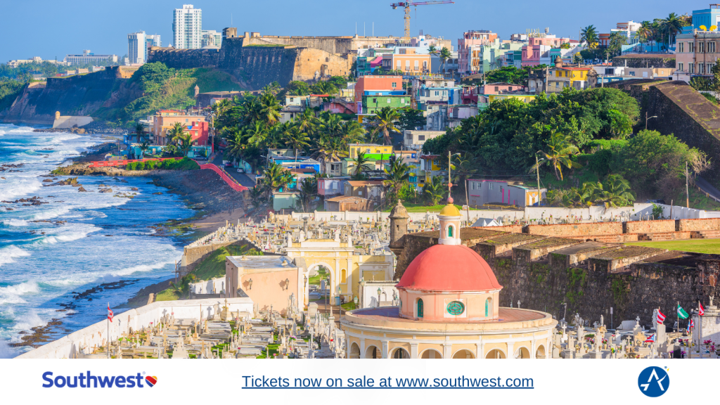 Colorful buildings in the background with a blue sky and waves. Southwest log in the bottom left and AUS logo in the bottom right. URL link says Tickets now on sale at www.southwest.com underlined.