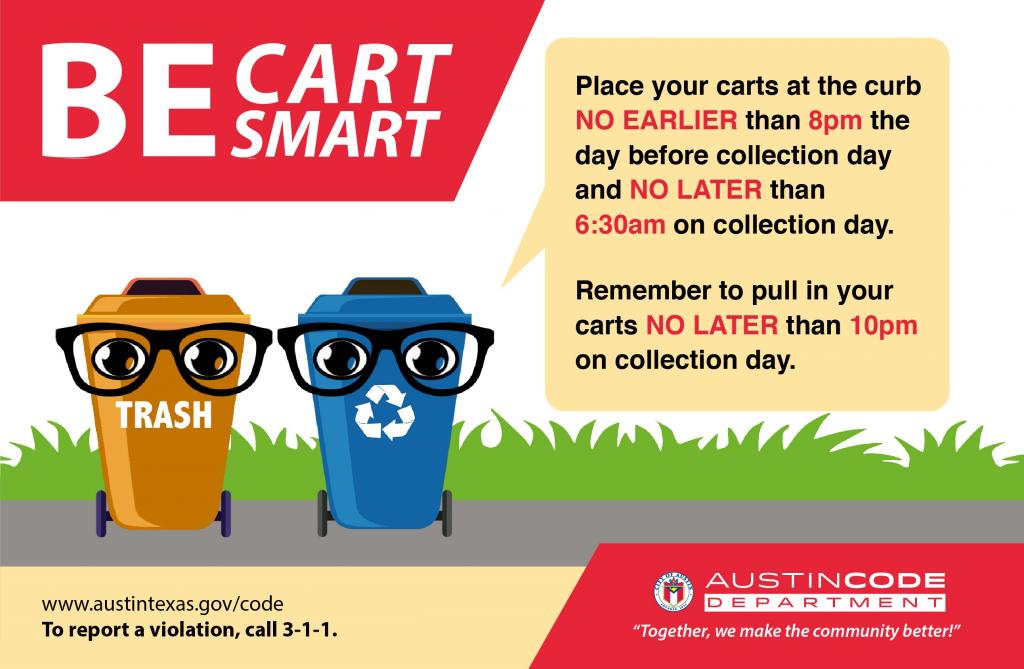 Graphic of a cartoon garbage and recycling cart in a yard wearing glasses below the header banner saying "be cart smart"