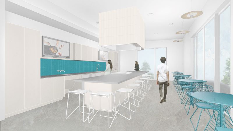 A rendering of the teaching kitchen with furniture including counters, tables and chairs