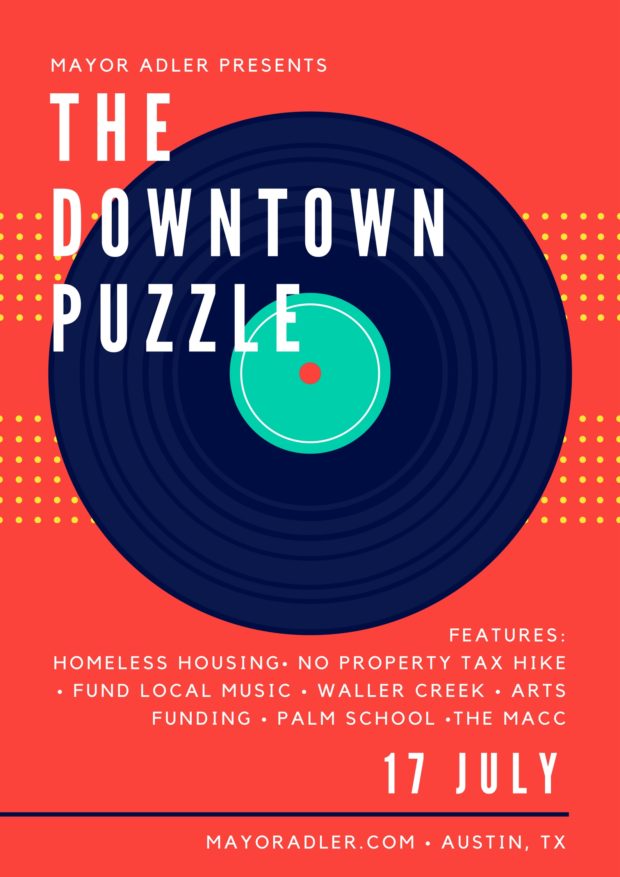 Parody concert flier reading "Mayor Adler Presents The Downtown Puzzle"