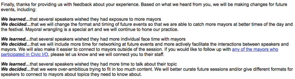 Snip of the email back to respondents indicating how their feedback will be used and offering another opportunity to engage.