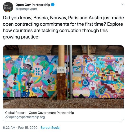 Tweet from Open Gov Partnership account reading "Did you know, Bosnia, Norway, Paris and Austin just made open contracting commitments for the first time? Explore how countries are tackling corruption through this growing practice:" with a link to the global report 