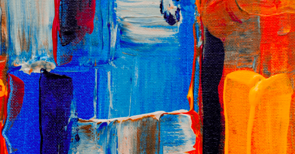 An abstract painting with blue and orange coloring