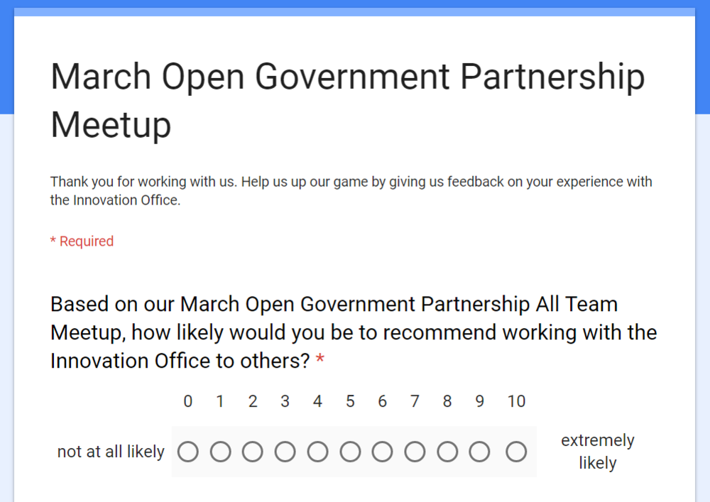 Snip of a Google Form reading "March Open Government Partnership Meetup"