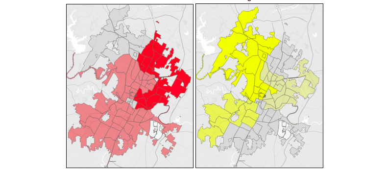 Two side by side maps of the city of Austin with red highlights on the left and yellow highlights on the right