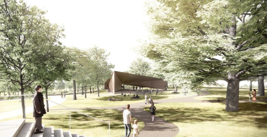 Rendering of the future pavilion and existing great lawn