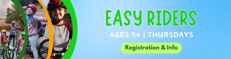 Kids biking, the clickable banner is promoting Easy Riders on Thursdays for kids ages 5 and up