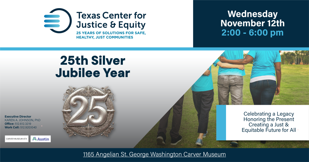 Blue and silver graphic with community standing with linked arms