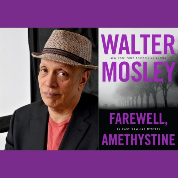 purple and black image of author, Walter Mosley and the cover of his novel, Farewell Amethystine