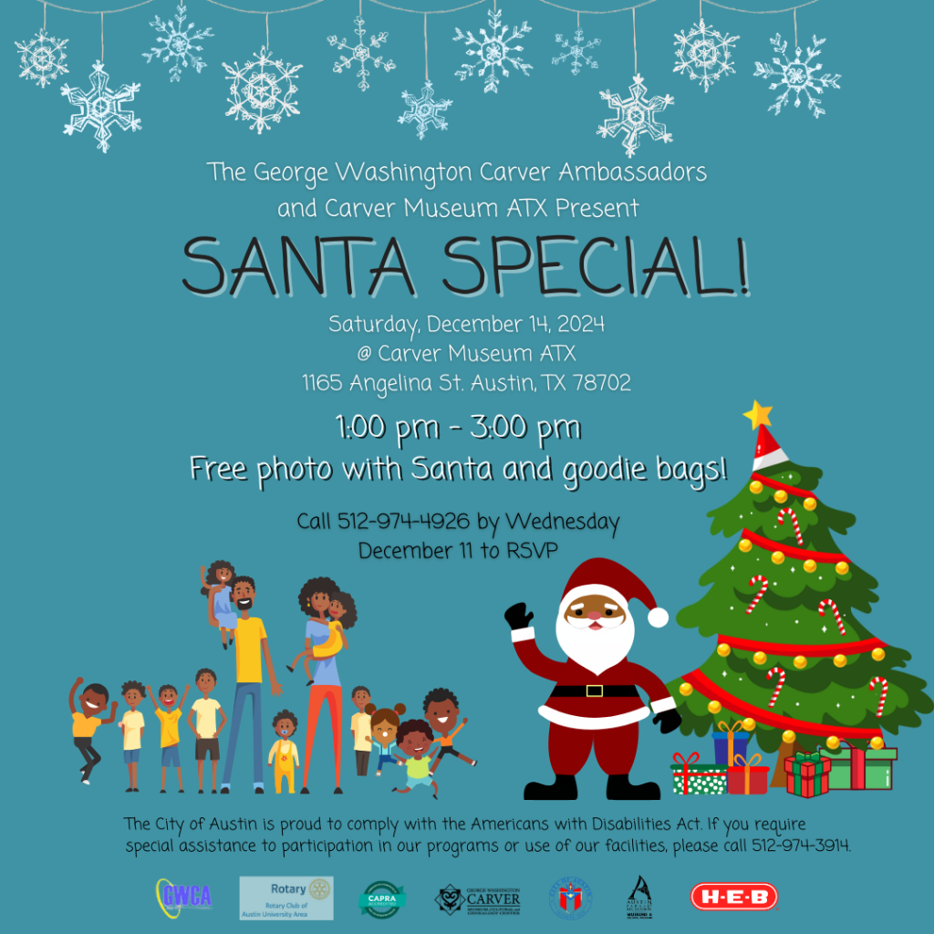 teal image with Black Santa, Christmas tree, families, snowflakes with text stating santa special ad the carver museum saturday, 12/14 from 1-3pm