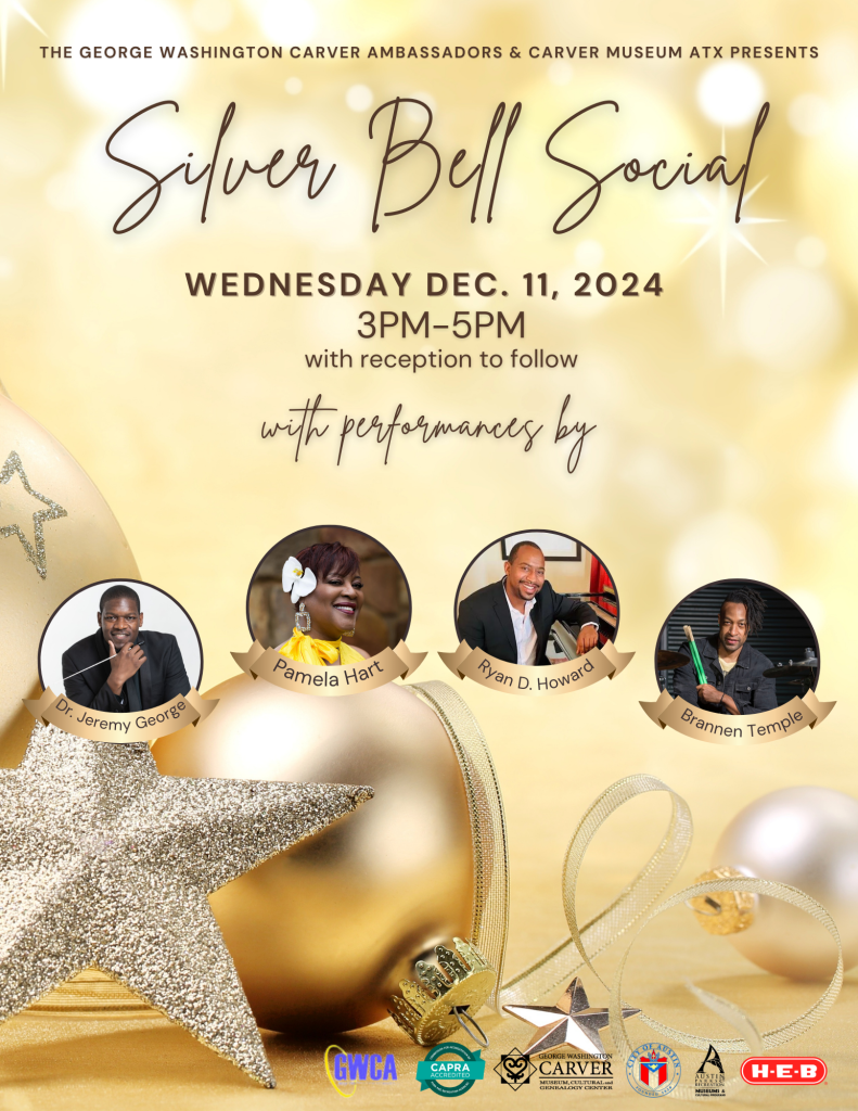 gold graphic with sparkling holiday ornaments on the bottom left and images of 4 jazz musicians within circle frams and text reading "silver bell social, Wed. dec. 11 from 3-5 pm at the george washington carver museum"