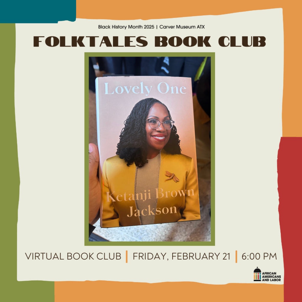 colorful frame with graphic of book cover for Lovely One with text reading Folktales Book Club, virtual book club, Friday 2.21.25, 6 pm