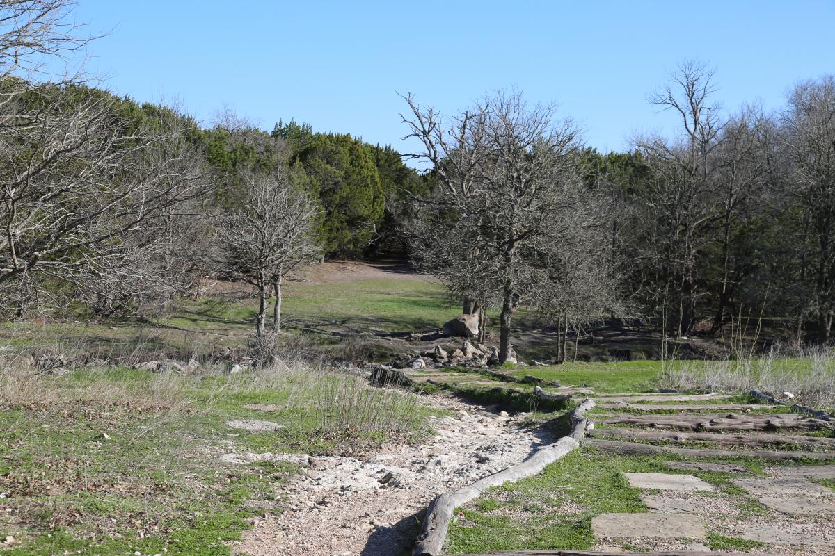 View of fairway of hole #1 of Mary Moore Searight Metro Park Disc Golf Course