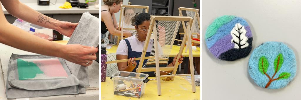 Three images creating a banner. The first shows paper being made, the second shows a person weaving in a class, and the third shows two circular felted pieces of art.