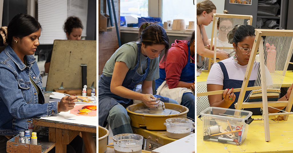 A collage image made up of three photos. The first photo shows a person making a painting in a class. The second photo shows a person shaping clay on a ceramic wheel, the third image shows a person weaving on a loom.