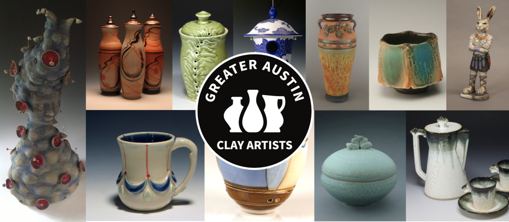collage with images of colorful ceramic vessels, round logo in the middle of image reads Greater Austin Clay Artists