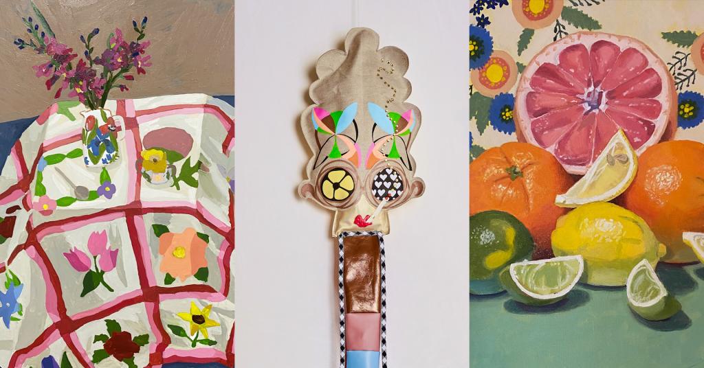 A banner graphic made up of three different images. The first is a painting of a floral quilt on a surface with a vase filled with flowers on top. The second artwork is of a soft sculpture of a being created with canvas and acrylic paint. The third image is a still life painting of citrus fruit.