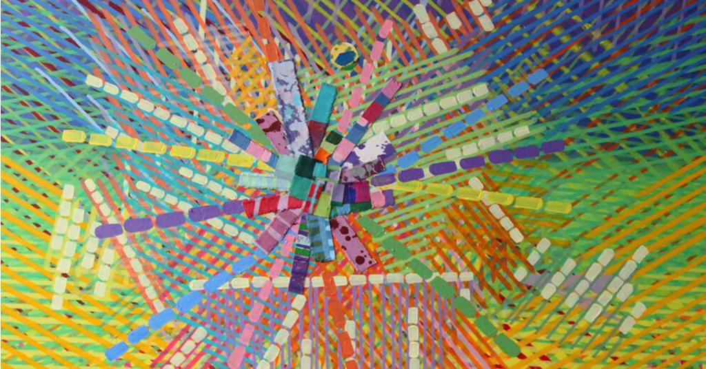 A photograph of an abstract piece of artwork with several intersecting lines of color