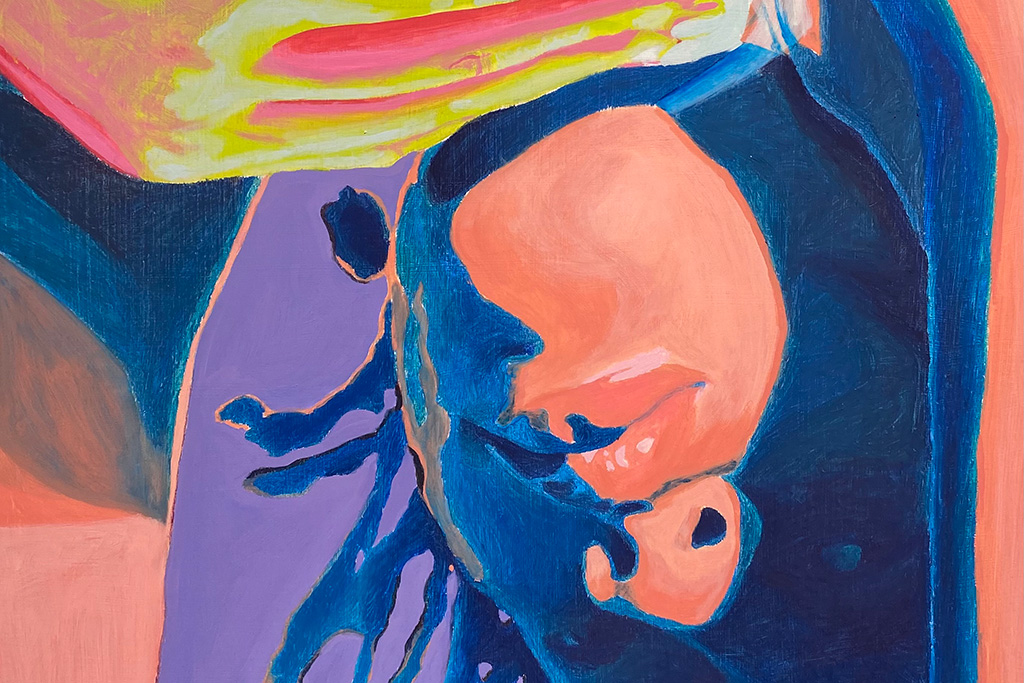 A close up of a person. Their dace and hand are visible but their body begins to fade into abstraction with the shapes and shading of the background.