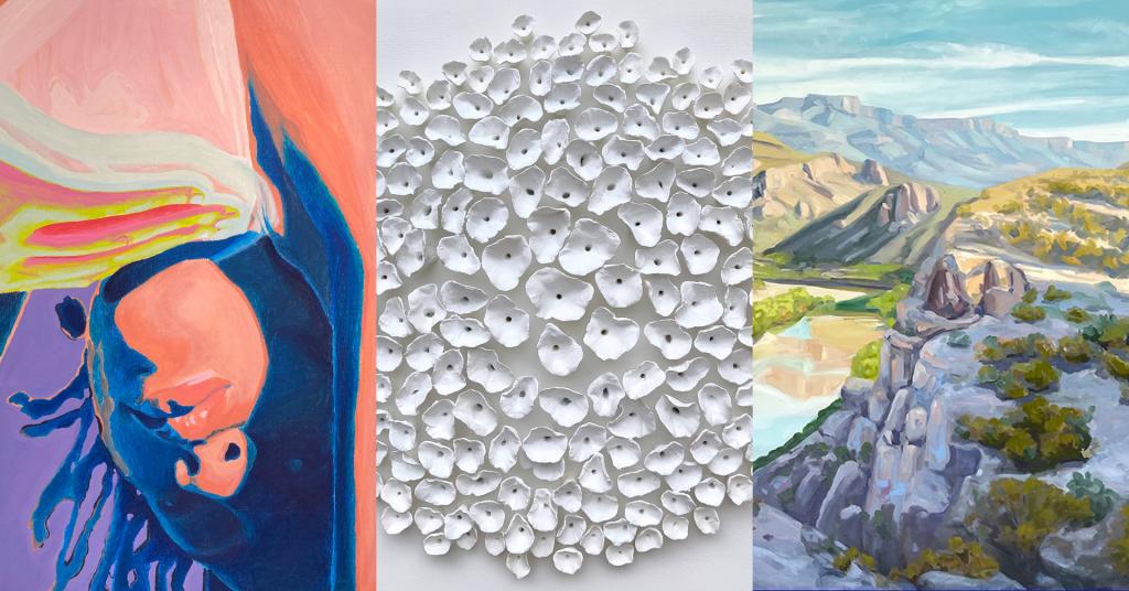 Three images. The first a close up painting of a person their face and hand are primarily in view but their body becomes abstracted into the background shades of color. The second image is of many circular sculptures gathered together on a wall. The third image is a painting of a Texas landscape of mountains, greenery, and sky