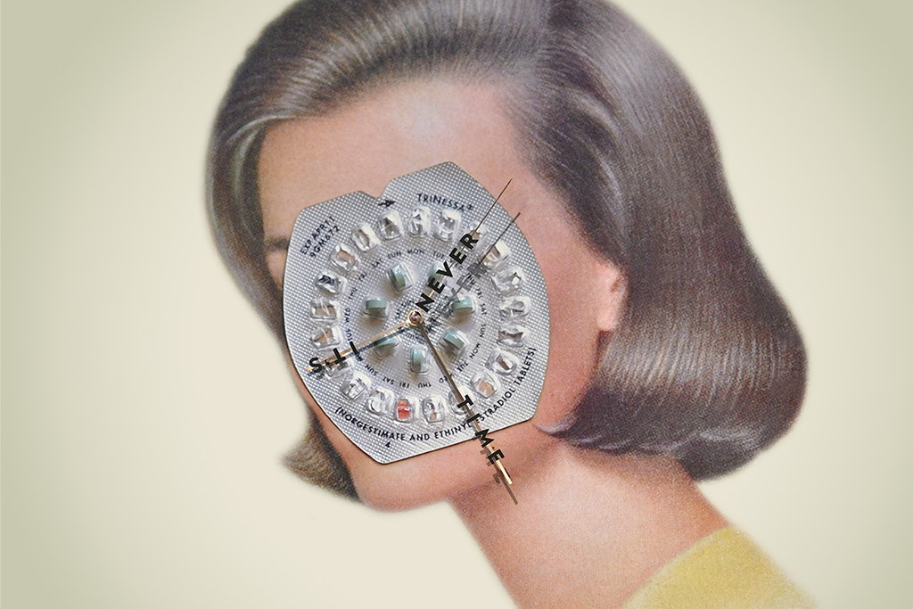 An image of a woman's head blocked by a packet of birth control toped with clock hands and the text 'Its never time'