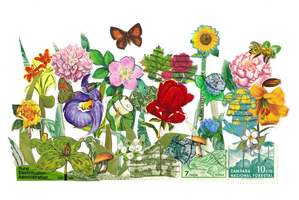 A collage made up of flowers, plants, and stamps