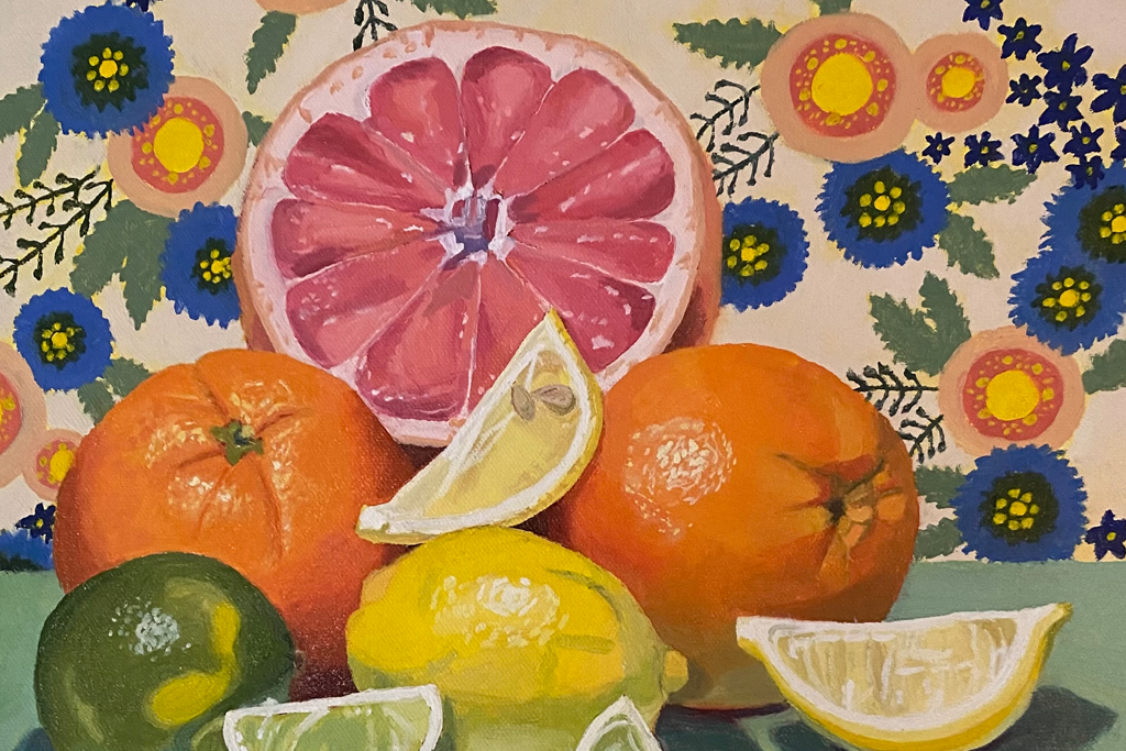 A painting of citrus fruit on a table with a floral backdrop