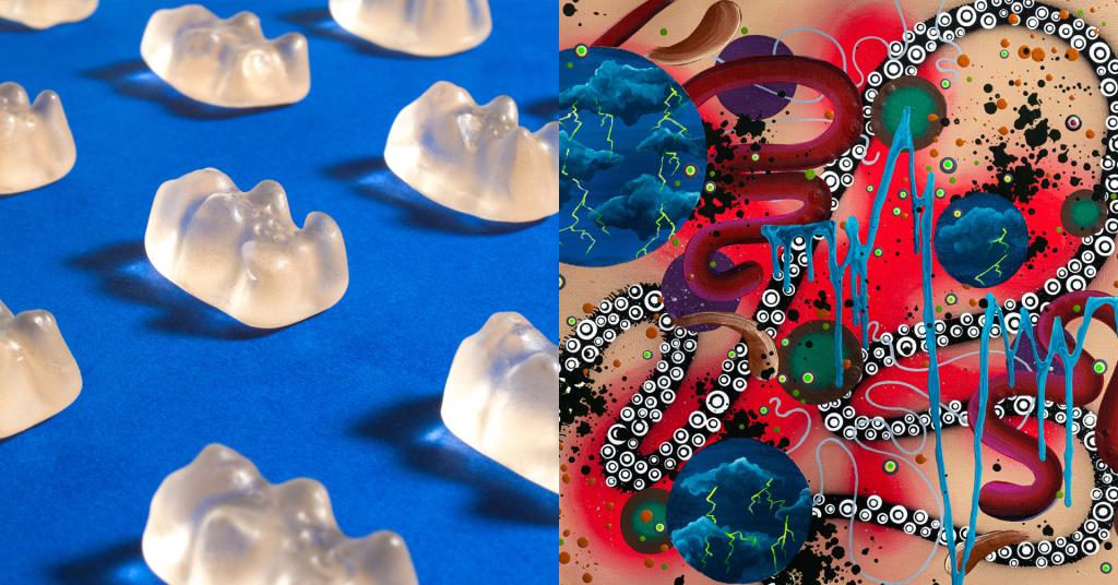 Two images collaged together to create a banner graphic. The first image is of a photograph of gummy bears. The second image is an abstract painting made up of circles and squiggly lines, with identifiable features of clouds and lightening.