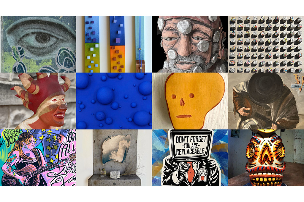 A collage graphic made up of 12 images of various drawings, paintings, and sculptures.