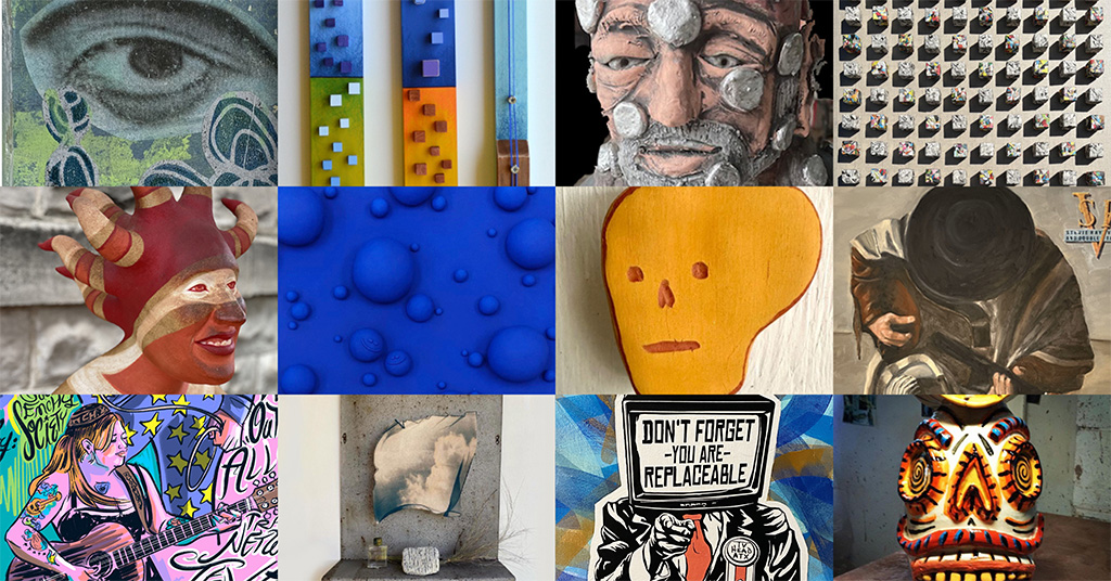 A collage made up of 12 different images of art. Some drawings, paintings, and sculptures.