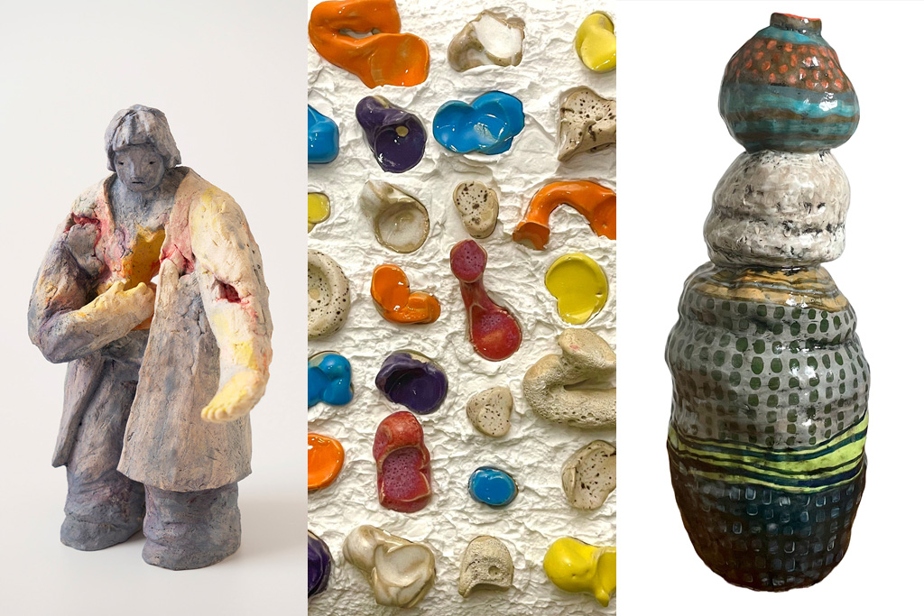 A collage graphic made up of three images of art. The first is a sculpture of a person made from clay. The second a textured piece of clay made up from several pieces of squished clay. The third an organic shaped vessel.