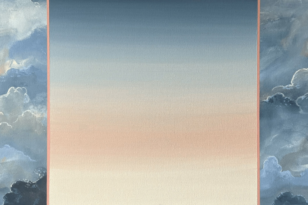 A painting of clouds with a rectangle of pastel colors in the center