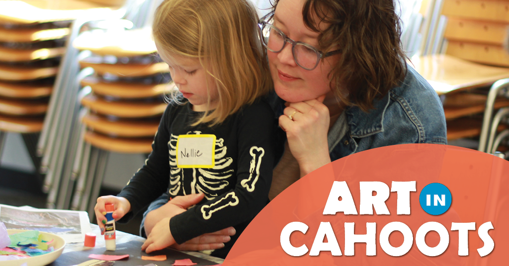 An image of a child and adult sitting at a table. The child is making a collage with pieces of paper and glue. On the image is the text 'Art In Cahoots'