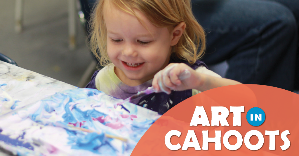 An image of a child creating art with shaving cream and colored dye and the text 'Art In Cahoots'