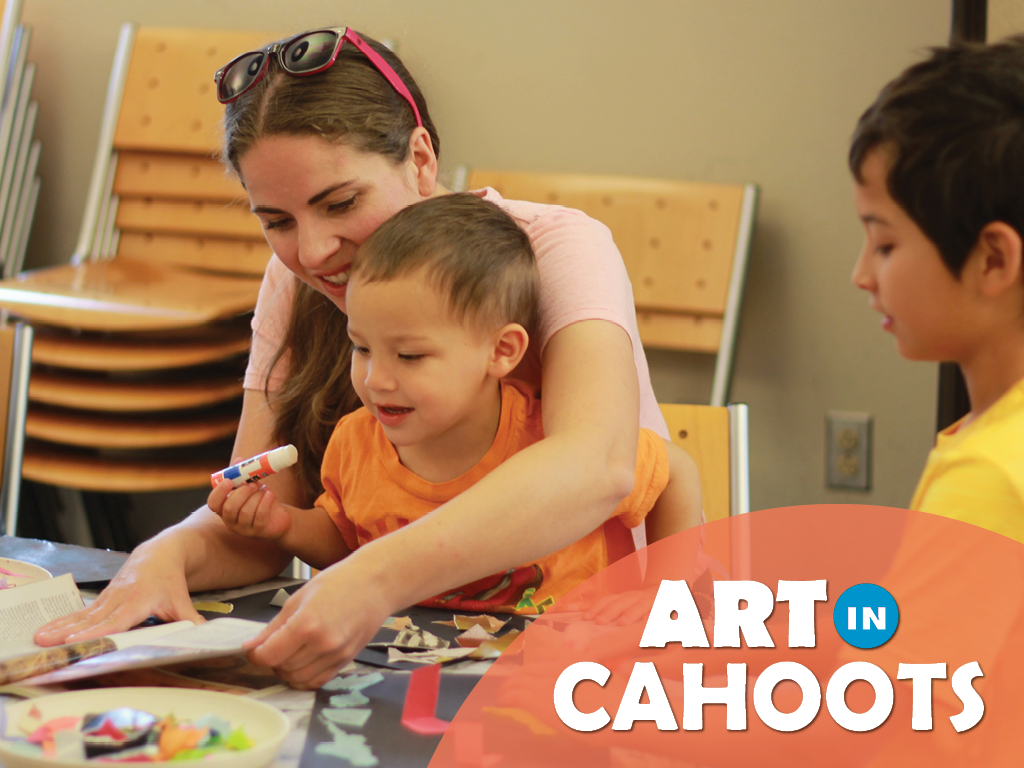 An image of an adult and a child making collage art with glue and paper and the text 'Art In Cahoots'