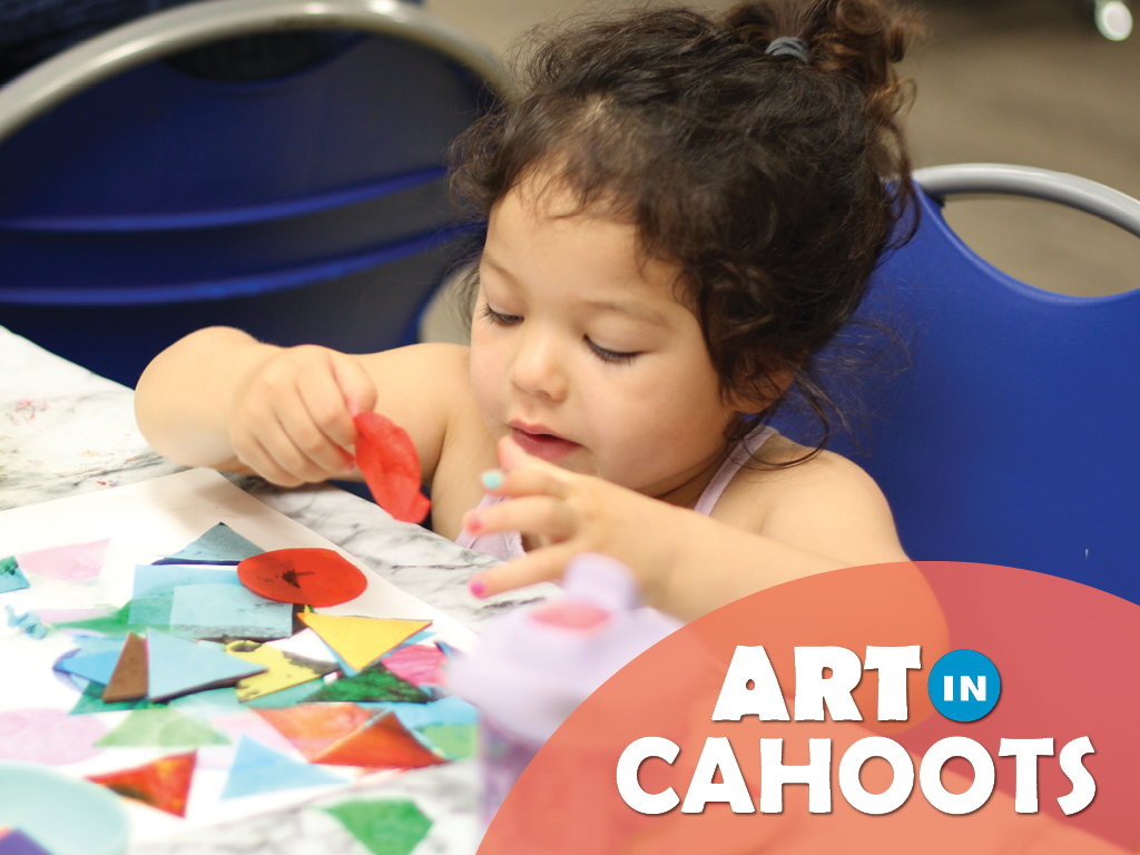 A child is creating artwork with colorful shapes and the text 'Art in Cahoots'