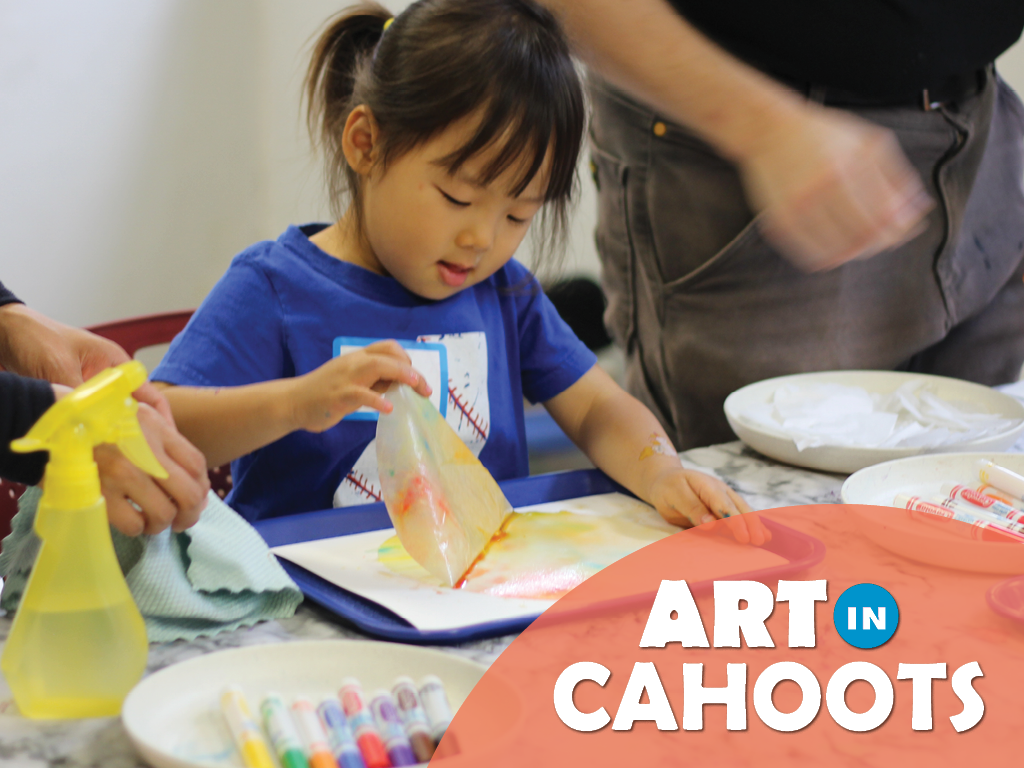 An image of a child using tissue paper, water, and markers to create art and the text 'Art In Cahoots'