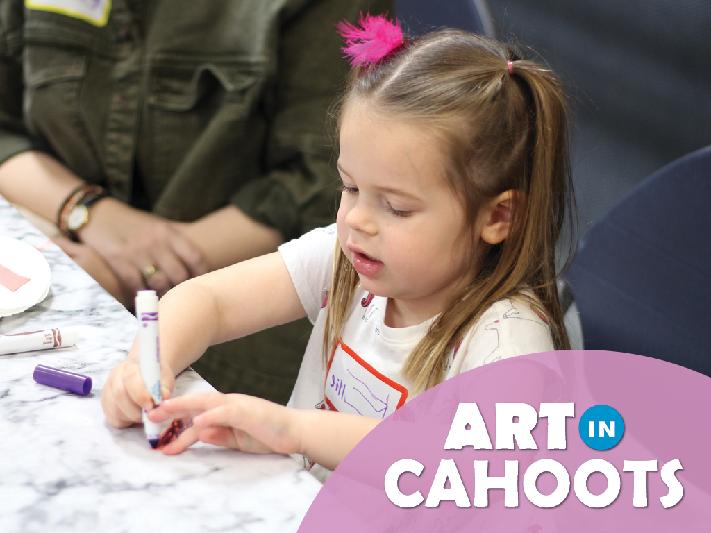 A photograph of a child drawing with a marker and the text 'Art In Cahoots'