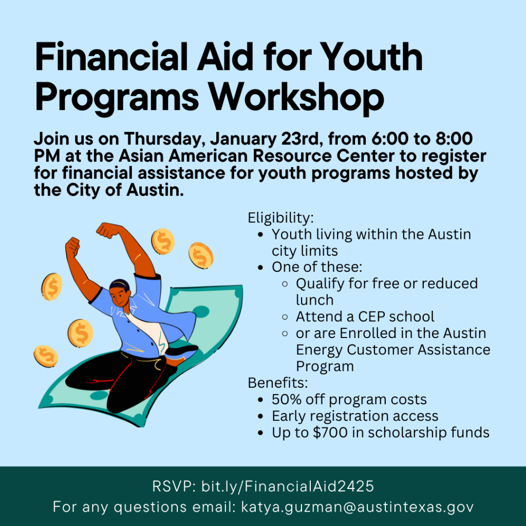 Financial Aid for youth programs workshop- text repeated below graphic