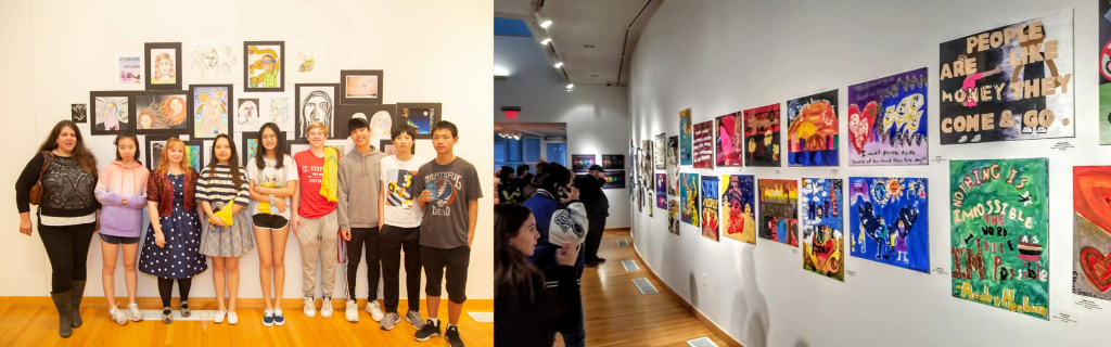 Groups of children and their teachers in an art gallery viewing student artwork