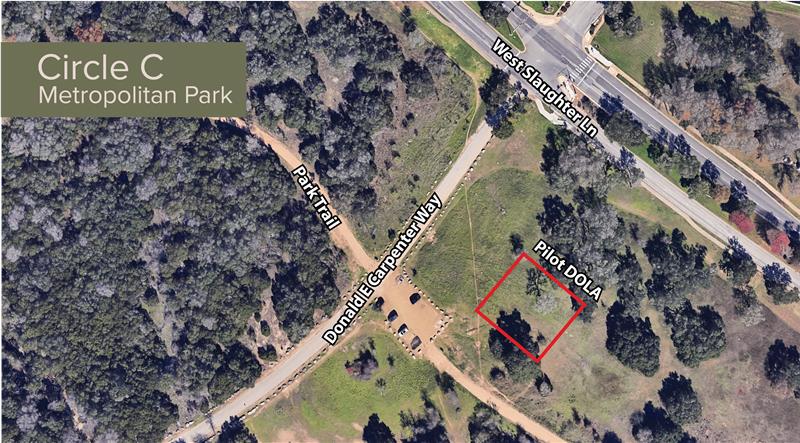 Overhead image of Circle C Metropolitan Park with outline of Pilot DOLA near Donald E Carpenter Way, West Slaughter Lane, and the Park Trail