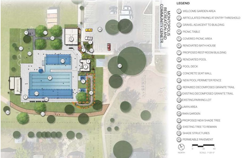 Updated site plan showing additional seating and shade structures, as well as zero depth pool entry, new family changing rooms and showers, new picnic areas and a water slide