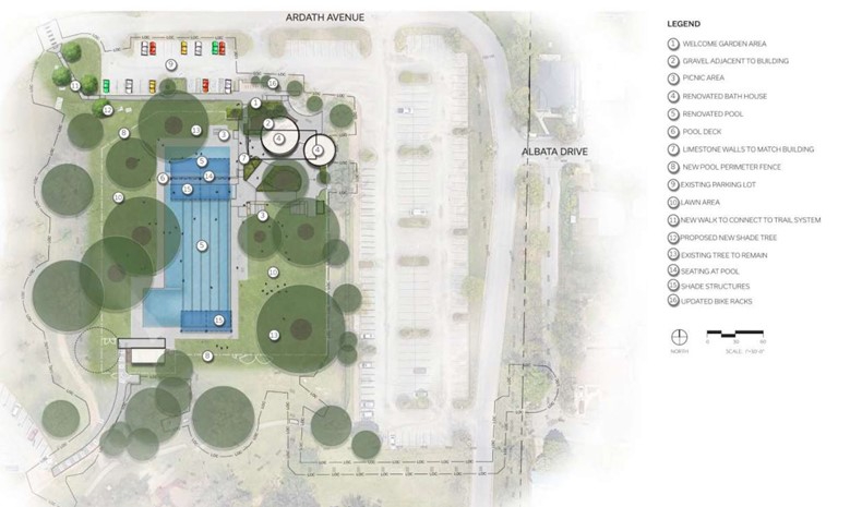 Updated site plan showing new shade trees, renovated restrooms, pool deck, connecting walkway to trail system, shade structures, and seating areas. 