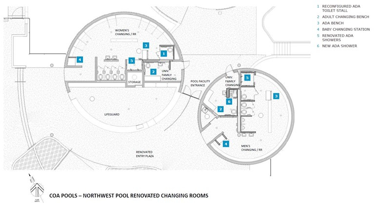 Site plan for renovated changing rooms, including an adult changing bench, baby changing station, ADA showers, and reconfigured ADA bathroom stall 