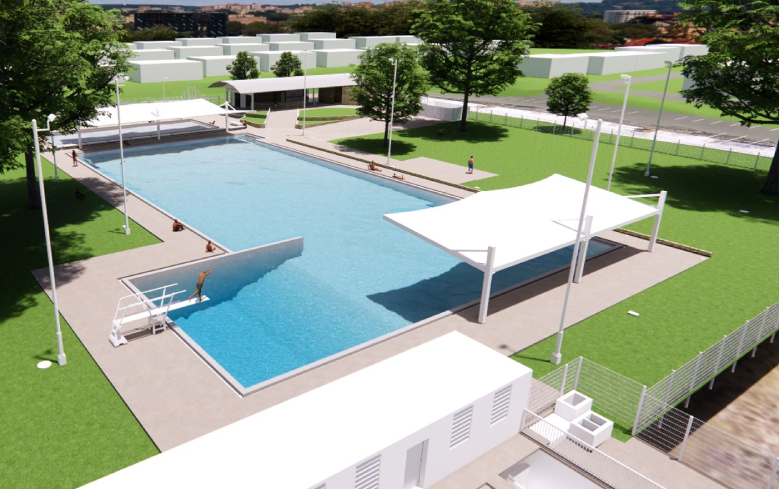 Rendering of new pool concept showing a diving area and shade structures