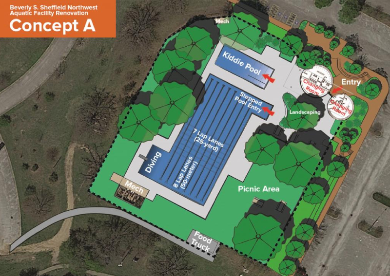 ​​​​Site Plan of Concept A, showing a kiddie pool in the northern section, single large entryway, stepped entry into the lap pool and a food truck lot to the south.