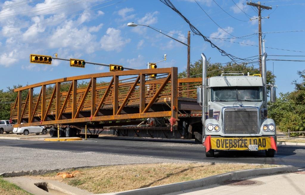 pedestrian bridge delivered on 18 wheeler