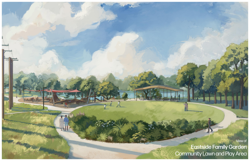 Rendering of Eastside Family Garden showing community lawn and play area and walking trail