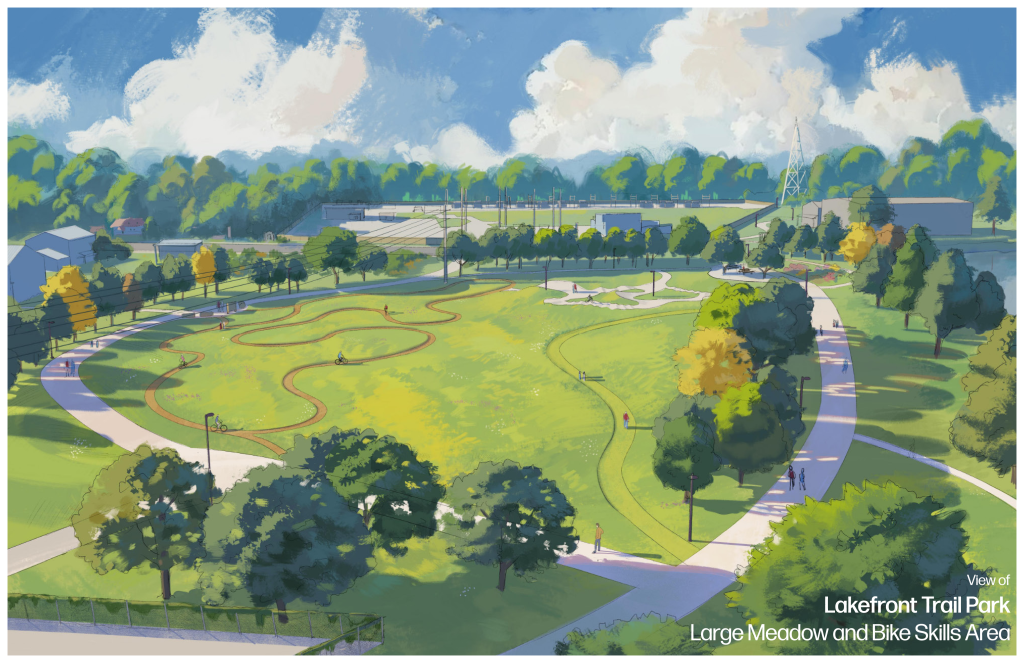 Rendering of Lakefront Trail Park showing large meadow, bike skills area, trails, and trees