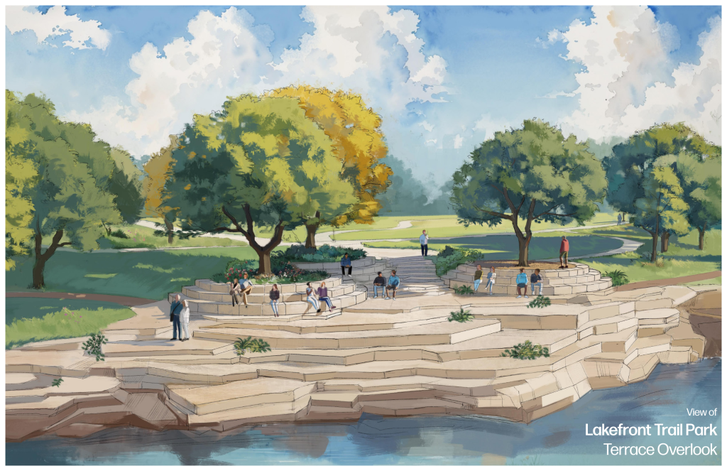 Rendering of Lakefront Trail Park terrace overlook at the lake's edge with trees and people drawn in